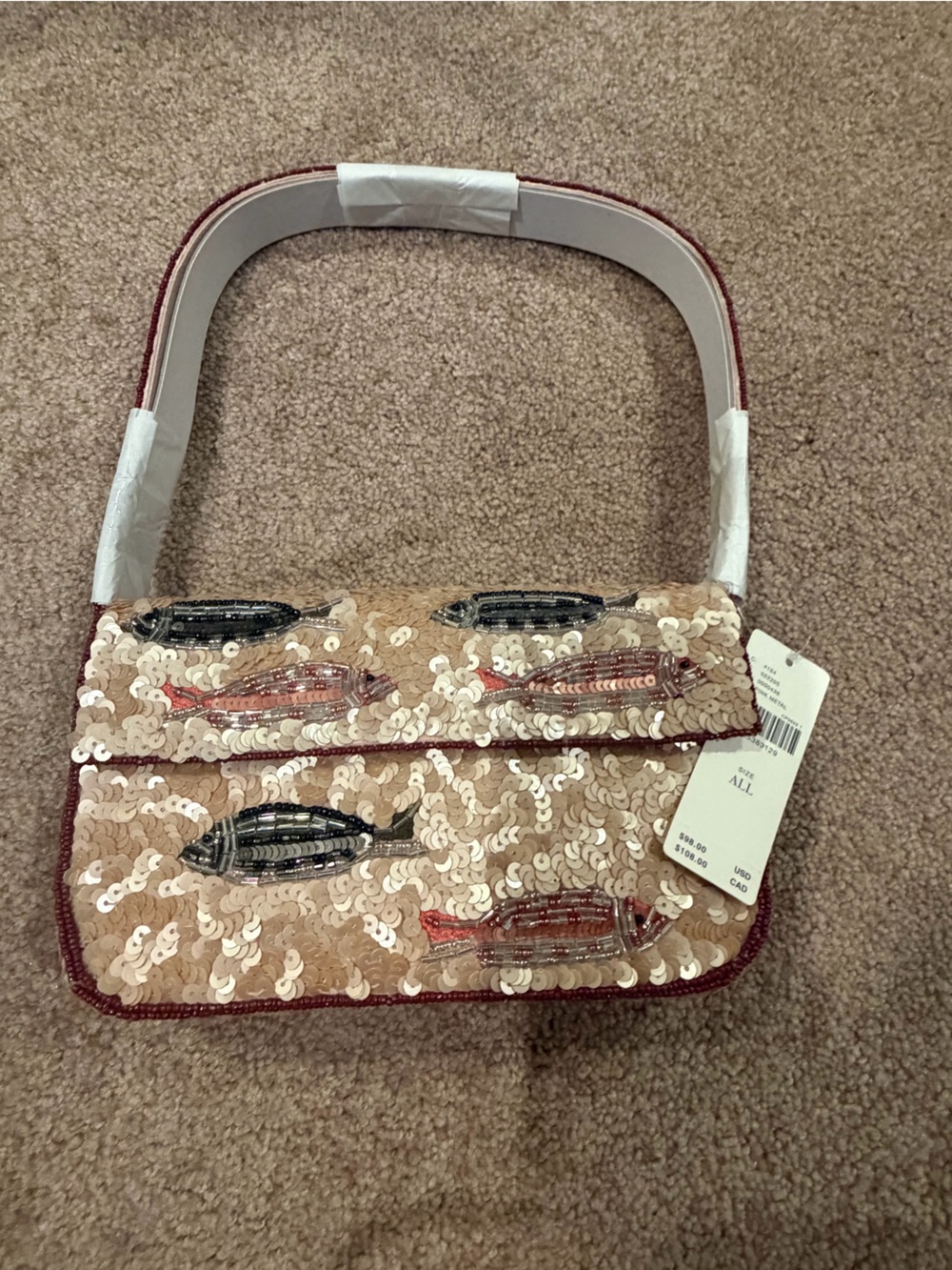 NWT new Anthropologie Fiona beaded shoulder bag purse sardines pink tan beige - Picture 3 of 16